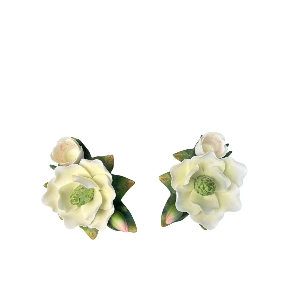 Set 2 Vintage Magnolia Flower Porcelain Figurines White Floral Decor‎